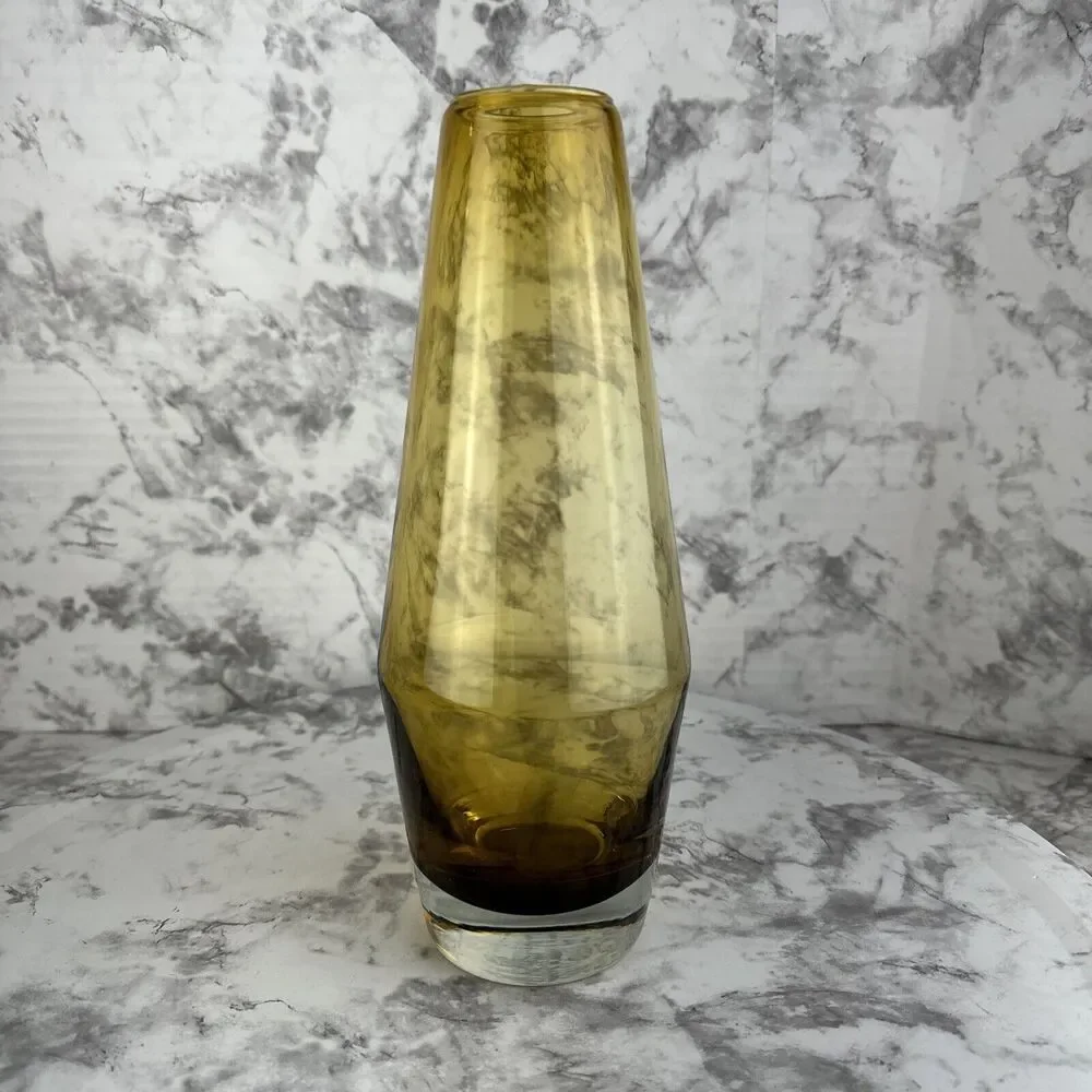 Vintage‎ MCM Riihimaki Lasi Oy Vase Finland Amber 10 in Art Glass Original Label